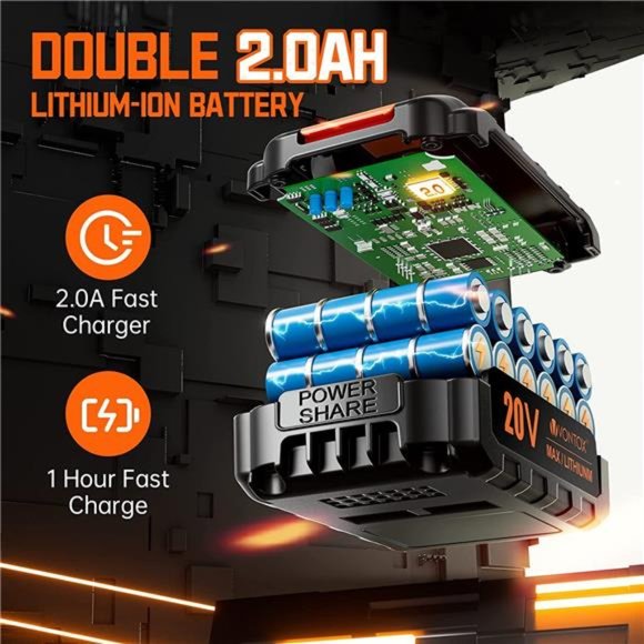 Drill Set, 20V Cordless Drill with 2 Lithium-ion Batteries 2.0AH & Fast Charger - Picture 2 of 5